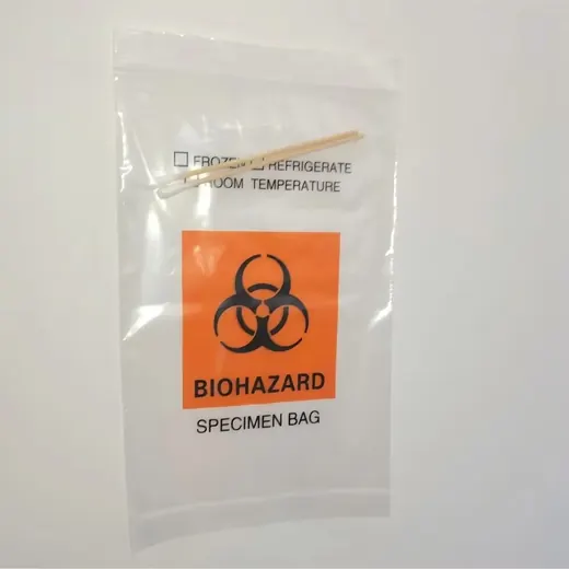 Clear plastic biohazard specimen bag with orange warning label and wooden stick inside