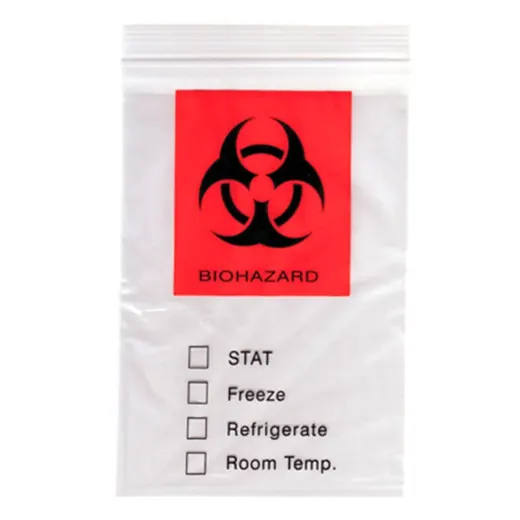 Clear plastic biohazard specimen transport bag with red label and handling checkboxes