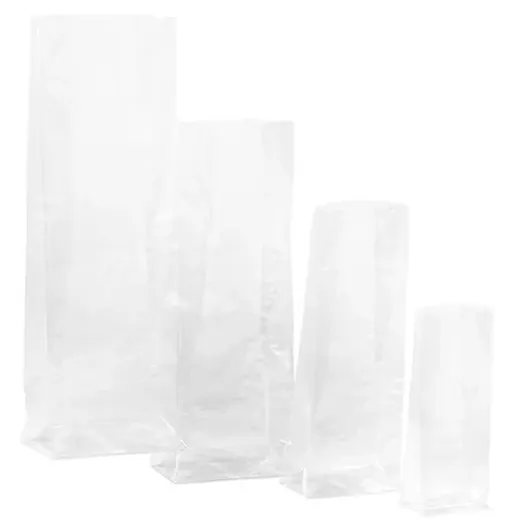 Four white gusseted paper bags in descending sizes arranged left to right on a white background