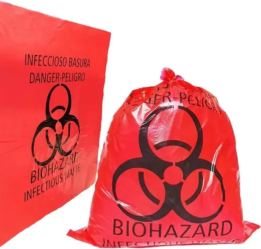 Red biohazard infectious waste bags, one flat and one tied closed, printed with biohazard symbol and bilingual warning text