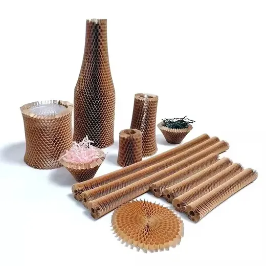 Assorted kraft honeycomb paper products: vase shapes, tubes, rolls, and a flower-shaped piece on white background