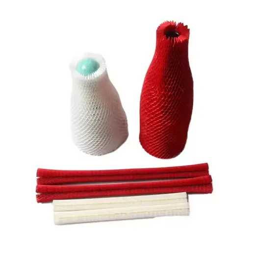 White and red expandable mesh sleeves shown in both tubular and flat strip forms.