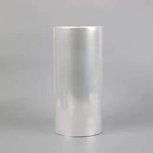 Large upright roll of clear plastic film on a plain gray background