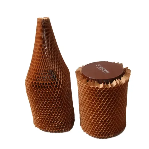 Brown honeycomb paper packaging sleeves holding a bottle and a round container on a white background.