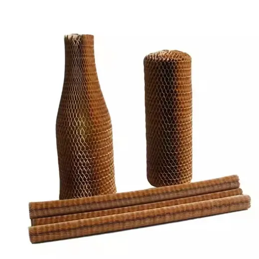 Kraft honeycomb paper wrapping products: bottle-shaped sleeve, cylindrical roll and flat sheets on white background