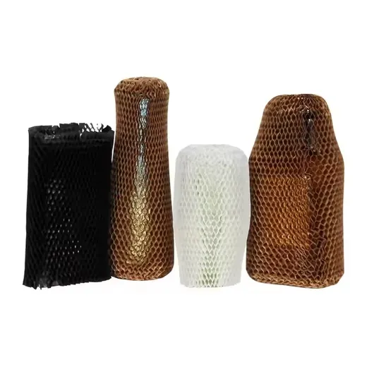 Four rolls of expandable honeycomb packaging paper in black, white, and brown arranged on a white background