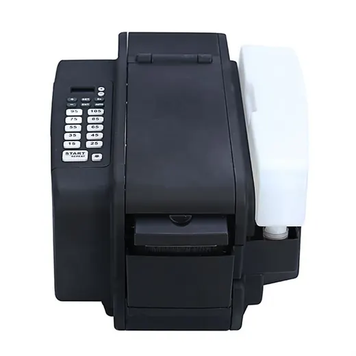 Black industrial coding printer with a white fluid reservoir on a plain background