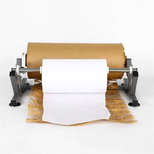 Metal dispenser stand holding a large brown kraft paper roll with a white paper roll on the front bar