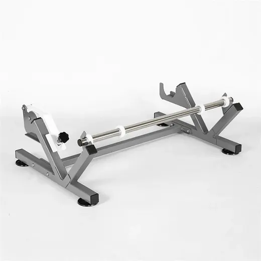 Gray metal floor stand with chrome roller bar, white mounting brackets and rubber feet on white background