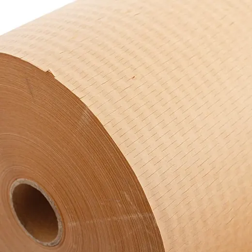 Close-up of a large roll of reinforced brown kraft paper on a white background