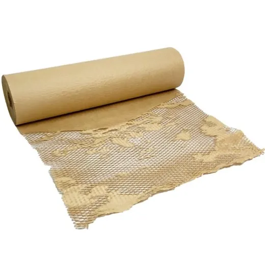 Roll of kraft honeycomb paper packaging wrap partially unrolled on a white background