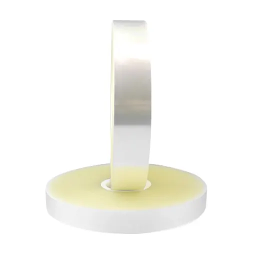 A roll of clear adhesive tape standing vertically on a white background.