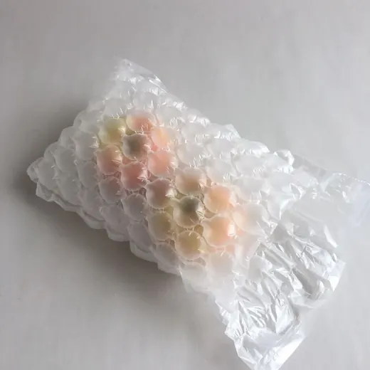 Fruit wrapped in translucent bubble cushioning film resting on a plain white surface