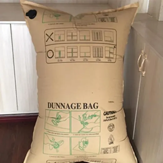 Kraft paper dunnage air bag with printed inflation instructions and caution labels, standing indoors near cabinets