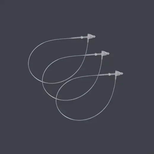 Three transparent plastic cable security seals with thin looped wires arranged diagonally on a dark gray background