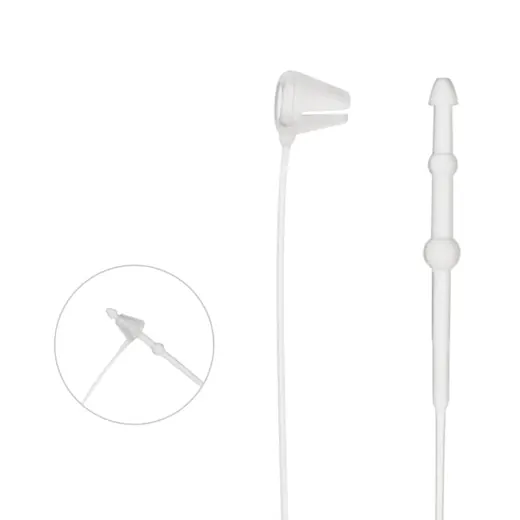 Two white silicone tube devices, one with a cone-shaped tip and one with a beaded shaft, plus a magnified inset detail of the cone tip
