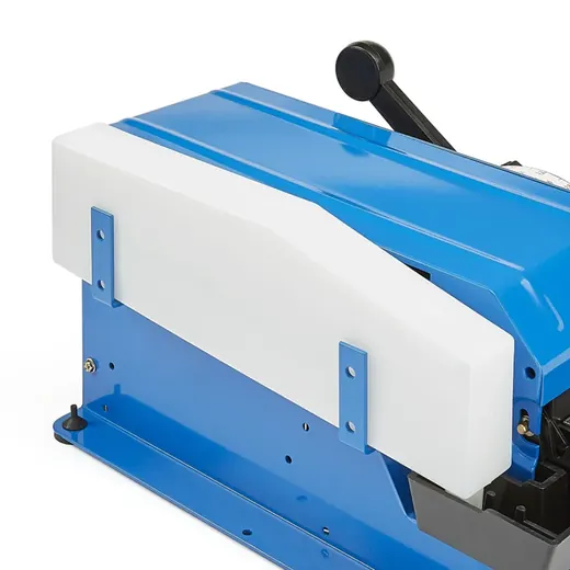 Blue industrial belt sanding machine with white safety guard and black lever handle on plain white background
