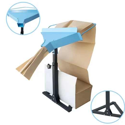 A blue metal bag holder stand on a black tripod base, supporting an open brown paper bag.