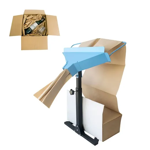A tabletop paper bag holder with a blue metal frame, shown holding a brown bag with an insert chute, next to a boxed example.
