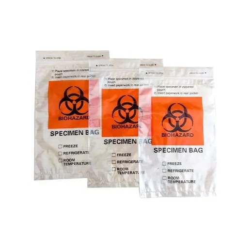 Three clear biohazard specimen bags with orange warning labels and temperature checkboxes arranged on a white background.