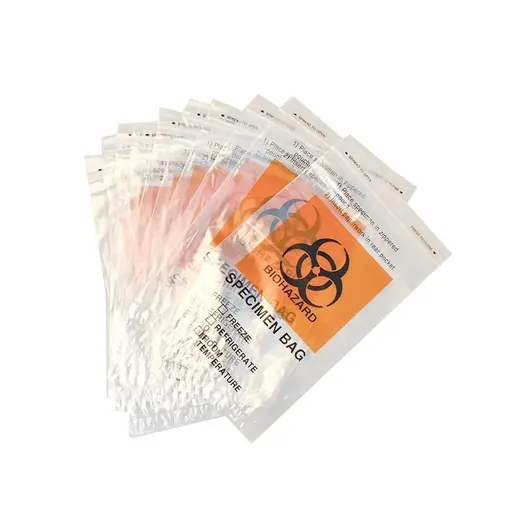 Fan of clear plastic biohazard specimen bags with orange warning labels and checkboxes.