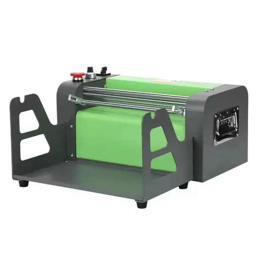 Grey and green industrial machine with a front tray, side handles, and metal rollers.