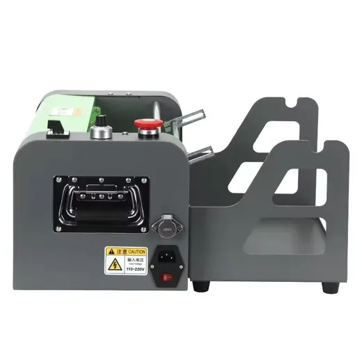 Grey industrial machine with a side-mounted metal spool holder