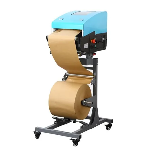 Industrial kraft paper dispensing machine with blue housing and paper roll on a wheeled metal stand