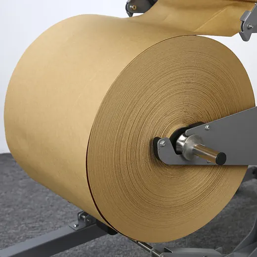 Large kraft paper roll mounted on a metal dispenser frame, close-up view