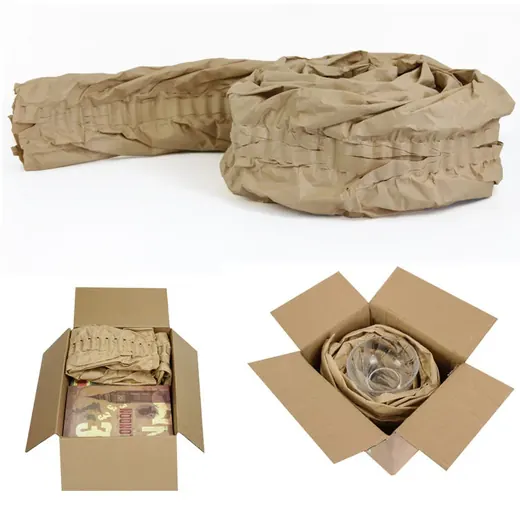 Collage of crumpled kraft void-fill paper above two open cardboard boxes with wrapped books and glassware