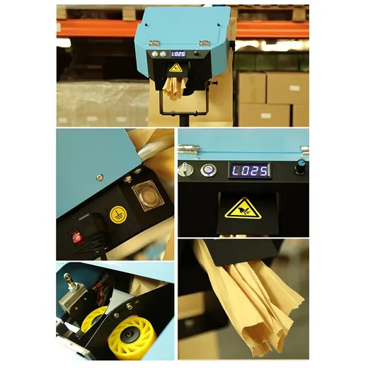Collage of a blue industrial machine featuring a digital display, control buttons, and warning labels.
