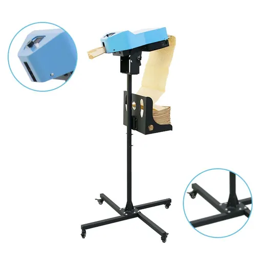 Blue kraft paper dispenser machine on black mobile floor stand with caster wheels, shown with close-up insets of the machine head and wheel base