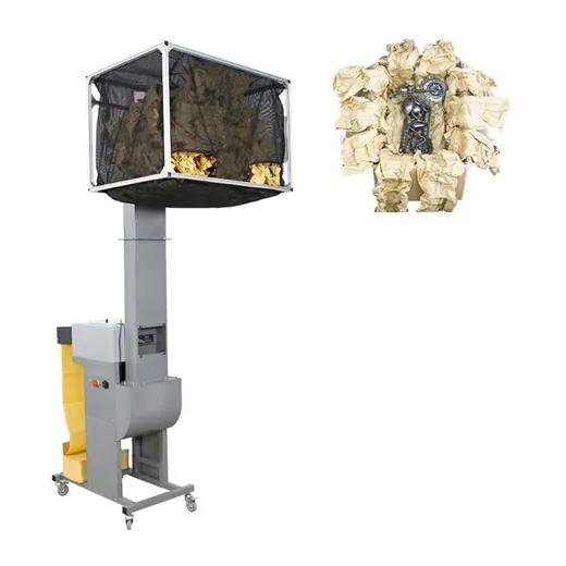 Industrial packing machine with mesh hopper on wheeled stand, shown beside crumpled paper packaging output