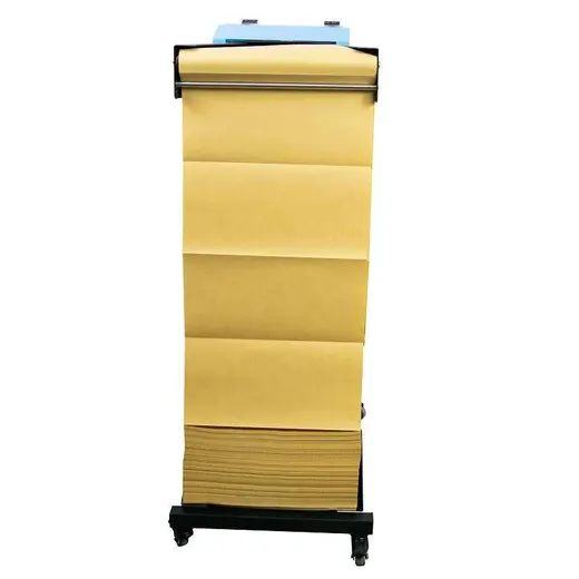 Mobile black stand with casters holding accordion-folded kraft paper on a horizontal bar, white background