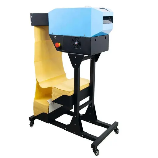 Blue and black kraft paper cushioning machine on a wheeled steel stand with yellow paper feed