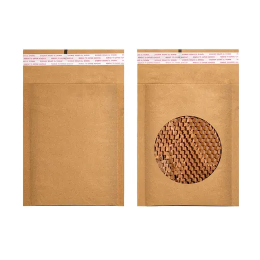 Two brown paper packaging bags with peel-and-seal strips, one featuring a circular window revealing woven material inside.
