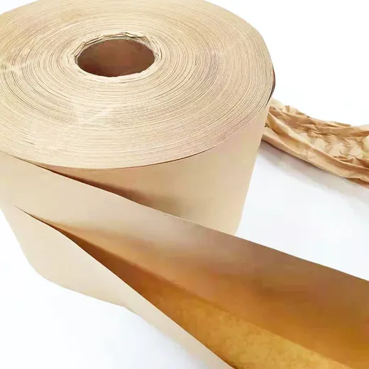 Large roll of brown kraft paper with a sheet unrolled on a white background