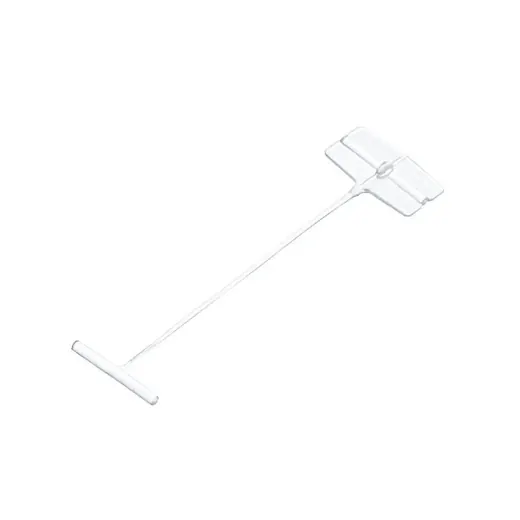 Clear plastic shelf price tag holder with a long stem and T-bar base.