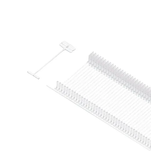 White plastic loop pin fasteners for tag guns: one long strip of pins with a single detached fastener