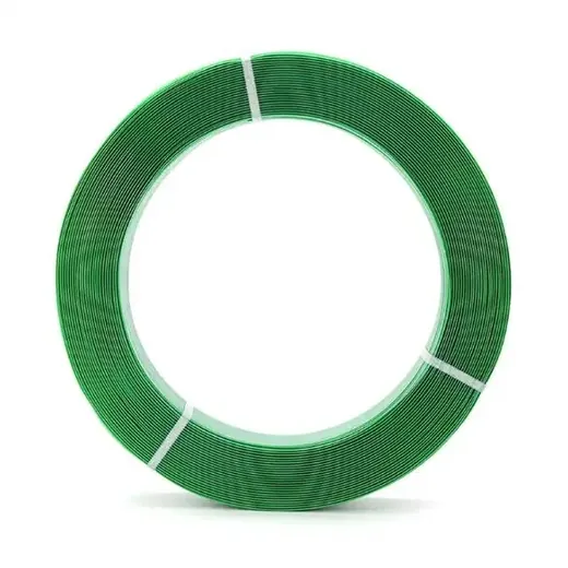 Coil of green PET strapping band held by white securing straps, centered on a plain white background