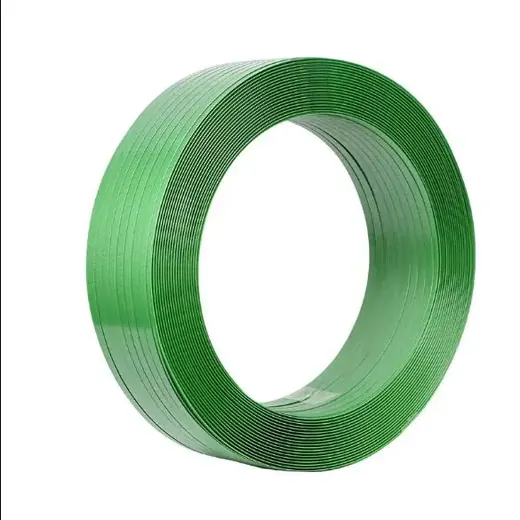 Large coil of green plastic strapping band wound into a tight roll on a plain white background