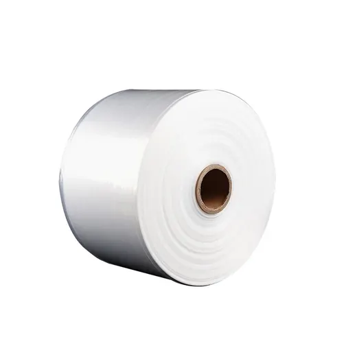 Large white roll of plastic film with cardboard core on a plain white background
