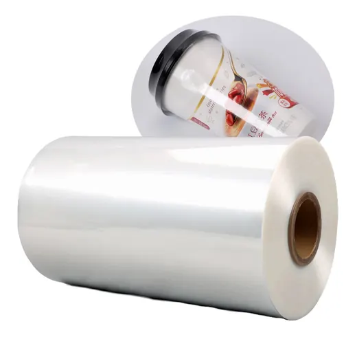 A large roll of clear plastic film with an inset image of a sealed paper cup.