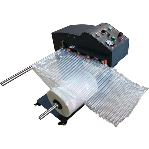 Industrial machine inflating a roll of air column packaging film