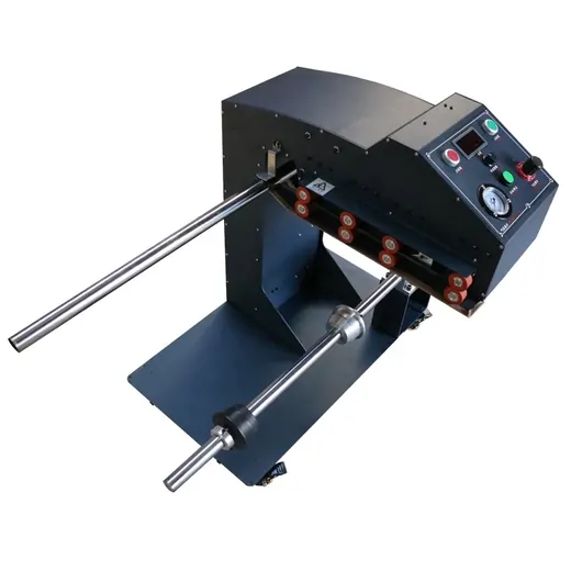 Industrial equipment with black housing, control panel, and metal rollers