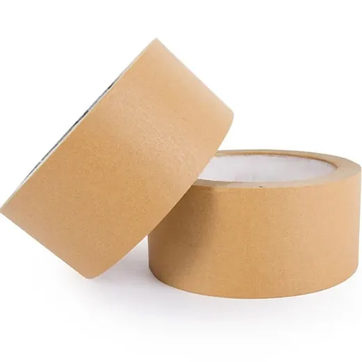 Two rolls of brown kraft paper packing tape, one tilted and one flat, on a white background
