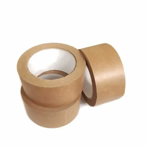 Three rolls of brown kraft paper packing tape, two stacked and one upright, on a white background