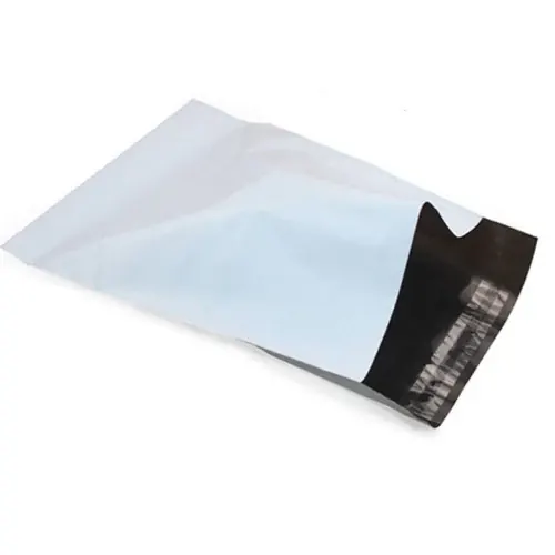 White poly mailer courier bag with black self-adhesive seal flap on a plain white background
