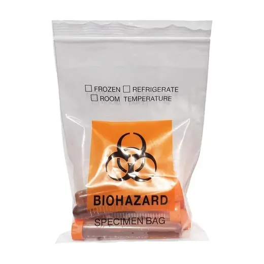 A clear plastic biohazard specimen bag containing a tube, featuring an orange warning label and temperature checkboxes.