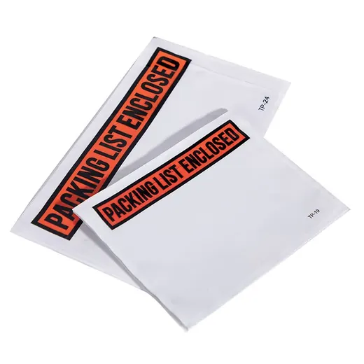 Two white plastic document pouches with orange Packing List Enclosed text on a white background